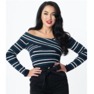 [NWT] Unique Vintage - Navy & Green Stripe Off Shoulder Top (Medium)
